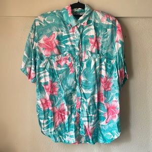 Vintage Dashly rayon floral printed short sleeve button down blouse